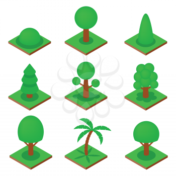 Isometric trees set with bushes, palm and pine tree