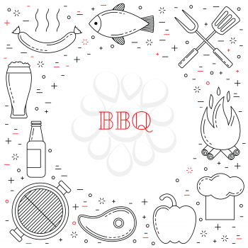 Barbeque party poster with grill, steak, beer and sausage
