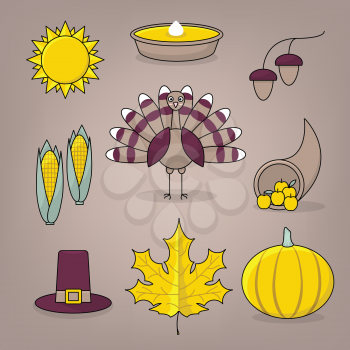 Thanksgiving icons with turkey, pumpkin pie, settlers hat and cornucopia 