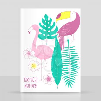Tropical design with flamingo, palm and toucan, vector stipple