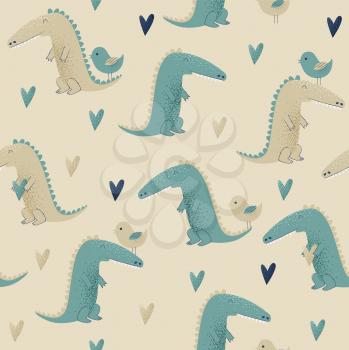 Crocodile design, vector seamless pattern with birds and hearts