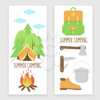 Camping banner set, colorful design with campfire and tent