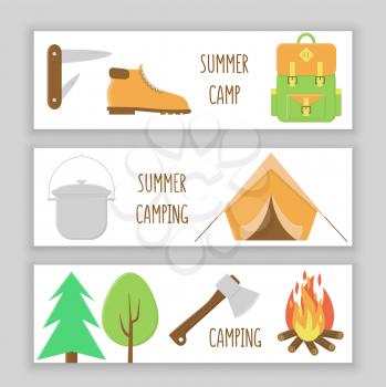 Camping banner set, colorful design with campfire and tent