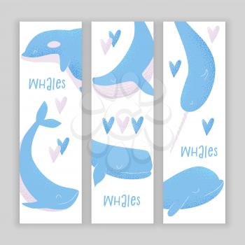 Vector card with blue whale, sperm whale, narwhal, killer whale and humpback whale