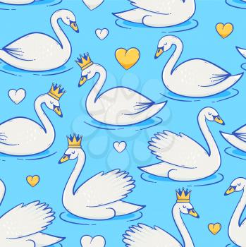 Swan vector seamless pattern, cute childish illustration with princess crown
