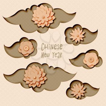 Chinese New Year 2019, vector design with paper cut clouds and flowers