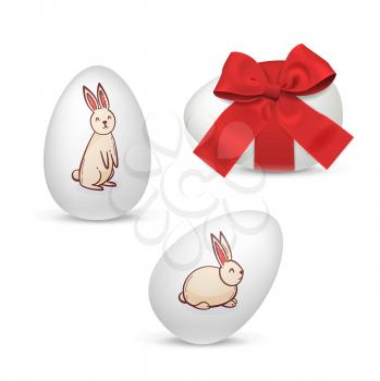 Easter eggs with bunnies and bow, festive vector realistic design