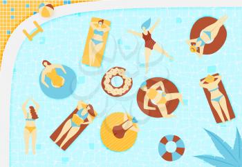 Summer pool illustration, people swimming on rubber ring and beach raft