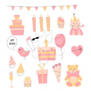 Birthday  retro icon set with present, cake and cat, happy celebration