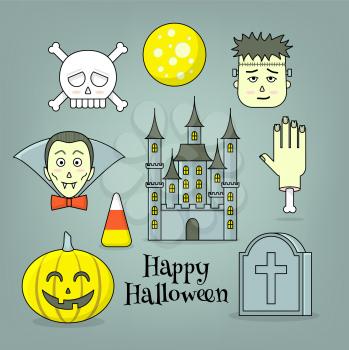 Halloween design elements, set of characters, haunted house and candycorn