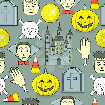 Halloween pattern, vector seamless design with castle, pumpkin, zombie and vampire