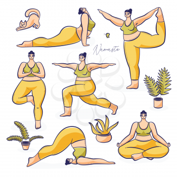 International yoga day poster, young girl practicing yoga illustration with cat and pots