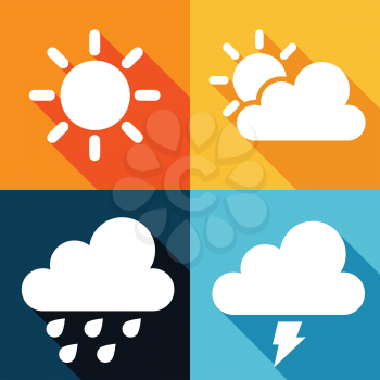 Weather icons of sunr, rain, cloudy days, lightning. Vector illustration