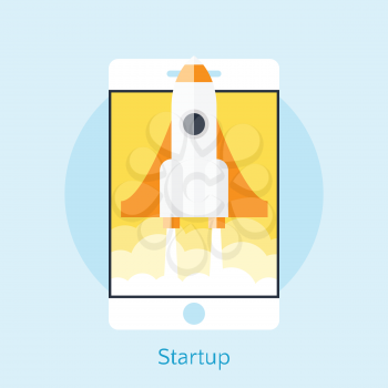 Modern vector illustration concept for new business project startup, new product or service. Smartphone with spaceship. Cellphone with spaceship.