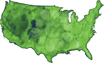 USA green watercolor vector map, US watercolor vector map, United States of America watercolor vector map