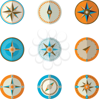 Wind rose compass flat vector symbols set