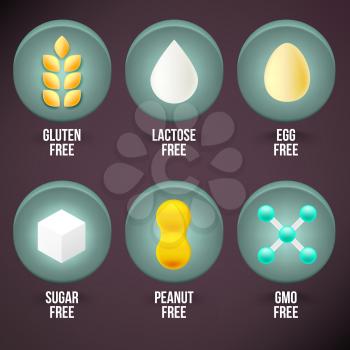 Set of Food Dietary Labels. Gluten Free, Lactose Free, Egg Free, Sugar Free, Peanut Free, GMO Free.