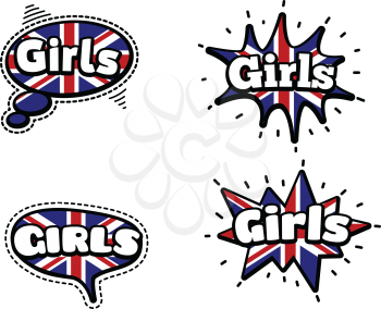 Fashion Patch Badge British Expressions, Girls Speech Bubbles. Set of Girls Stickers, Pins in Cartoon Comic Style.