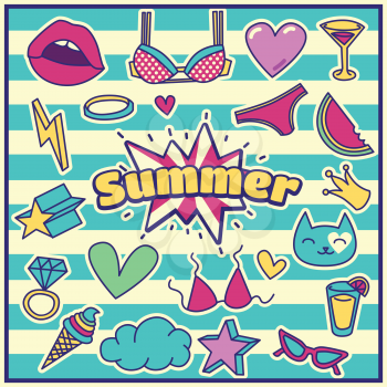 Fashion Summer Patch Badges with Bra, Hearts, Stars, Crown, Ice Cream, Cat, Lips, Ring, Cloud, Watermelon, Sunglasses, Juice. Set of Stickers, Pins, Patches in Cartoon 80s-90s Comic Style.