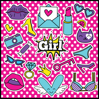 Fashion Summer Patch Badges with Bra, Hearts, Crown, Lemon, Cat, Lips, Ring, Letter, Sunglasses, Shoes, Camera, Key, Lipstick. Set of Stickers, Pins, Patches in Cartoon 80s-90s Comic Style.