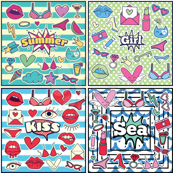 Fashion Summer Patch Badges Sets with Sea, Summer, Girl, Kiss, Lipstick, Cat, Hearts, Camera, Letter, Shoes, Candy, Star, Drink, Key. Set of Stickers, Pins, Patches in Cartoon 80s-90s Comic Style.