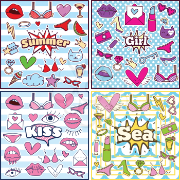 Fashion Summer Patch Badges Sets with Sea, Summer, Girl, Kiss, Lipstick, Bra, Hearts, Camera, Sunglasses, Shoes, Candy, Ring, Drinks. Set of Stickers, Pins, Patches in Cartoon 80s-90s Comic Style.