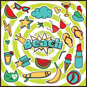 Fashion Summer Patch Badges with Beach Expression, Lipstick, Bra, Hearts, Camera, Sunglasses, Banana, Drinks, Cloud, Star, Watermelon. Set of Stickers, Pins, Patches in Cartoon 80s-90s Comic Style.