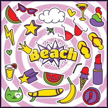 Fashion Summer Patch Badges with Beach Expression, Lipstick, Bra, Hearts, Shit, Sunglasses, Banana, Drinks, Cloud, Star, Watermelon. Set of Stickers, Pins, Patches in Cartoon 80s-90s Comic Style.