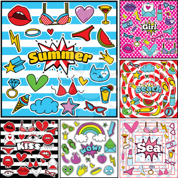 Fashion Summer Patch Badges Sets with Sea, Summer, Girl, Kiss, WOW, Beach, Lipstick, Bra, Hearts, Camera, Sunglasses, Shoes, Candy. Set of Stickers, Pins, Patches in Cartoon 80s-90s Comic Style.