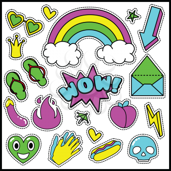 Fashion Summer Patch Badges with WOW Expression, Letter, Arrow, Hands, Fire, Sunglasses, Hot Dog, Skulls, Clouds, Rainbow, Eggplant. Set of Stickers, Pins, Patches in Cartoon 80s-90s Comic Style.