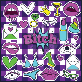 Chic Fashion Summer Patch Badges with Bitch Expression, Letter, Shit, Crown, Bra, Bikini, Lipstick, Heart, Glasses, Shoes, Ring, Drinks. Set of Stickers, Pins, Patches in Cartoon 80s-90s Comic Style.