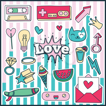 Cute Chic Fashion Summer Patch Badges with Love Expression, Letter, Crown, Lamp, Heart, Glasses, Cassette, Arrow, Surfboard, Watermelon. Set of Stickers, Pins, Patches in Cartoon 80s-90s Comic Style.