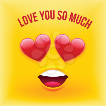 Vector Emoji Style Card with Text Love You So Much for Valentines Day, Wedding, Dating, Summer Vacation and Other Romantic Events. Emoticon Style Banner Template on Yellow Background.