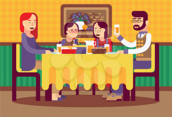 Cute Family Meal. Father, Mother, Son and Daughter Together Sit at the Table and Have Lunch. Vector Illustration in a Flat Style