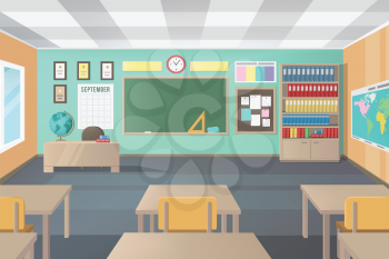 Empty School Class Room with Board Desk, Shelf, Books, Clock. Modern Vector Illustration of School Interior.