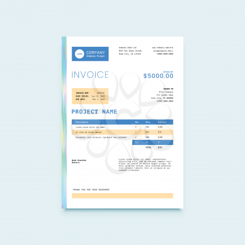 Invoice Form Design Template with Holographic Foil Edge Stripe. Yellow and Blue Colors