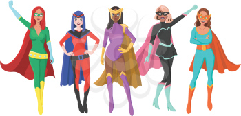 Vector Set Of Five Different Female Superheroes with Masks and Cloaks