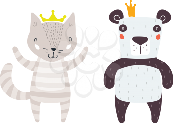 Panda and Cat Characters Staying Together in Crowns. Two Animals in Cute Trendy Modern Cartoon Childish Style. Perfect for Print, Web, App or Any Digital Design Manipulation.