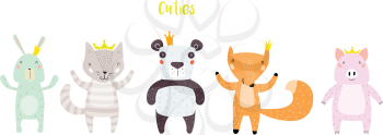 Panda, Cat, Bunny, Pig, and Fox Characters Staying Together in Crowns. Two Animals in Cute Trendy Modern Cartoon Childish Style. Perfect for Print, Web, App or Any Digital Design Manipulation.