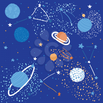 Childish Pattern with Space Elements Like Stars, Planets, and Constellations. Creative Abstract Nursery Background. Perfect for Kids Design, Fabric, Wrapping, Wallpaper, Textile, Apparel