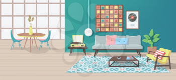 Furniture. Interior. Living Room with a Couch, Table, Lamp, Picture, Pillows, Magazine, Carpet, Vinyl Player, Armchair. Vector illustration