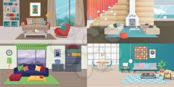 Set of Interiors with Furniture. Living Rooms with Carpet, Table, Lamp, Picture, Shelve, Book, Vinyl Player, Window, Draperies, Curtain, Pillow, Chimney, Armchair, Tank, Tea Table. Vector Illustration