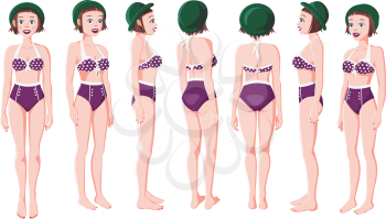 Vector Illustration of Smiling Women in Violet Swimming Suit on a White Background. Cartoon Girls Set. Flat Young Lady. Front View Woman. Side View Woman. Back Side View Woman. Seven Positions