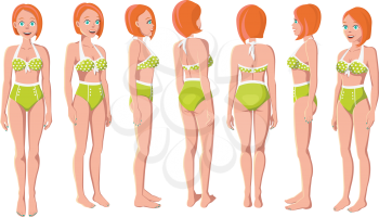 Vector Illustration of Redhead Women in Green Swimming Suit on a White Background. Cartoon Girls Set. Flat Young Lady. Front View Woman. Side View Woman. Back Side View Woman. Seven Positions