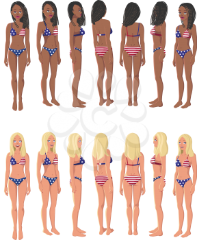 Vector Illustration of Girls in American Flag Swimming Suit on a White Background. Cartoon Girls Set. Flat Young Lady. Front View Woman. Side View Woman. Back Side View Woman. Seven Positions
