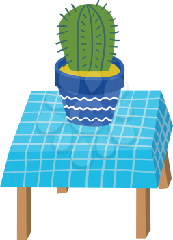 Vector Bright Cactus on a Table. Exotic Plant in Hand Drawn Childish Style. Decorative Natural Elements. Cactus in a Pot. Table with a Tablecloth.