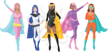Vector Set Of Five Different Female Superheroes with Masks and Cloaks. Characters for Personal Branding or Social Media Campaign