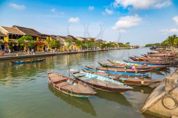 Traditional boats in Hoi An, Vietnam in a summer day