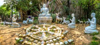 Panorama of Buddhist temple at Marble mountains in Danang, Vietnam in a summer day