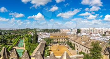 Panoramic view of Gardens at the Alcazar de los Reyes Cristianos in Cordoba in a beautiful summer day, Spain